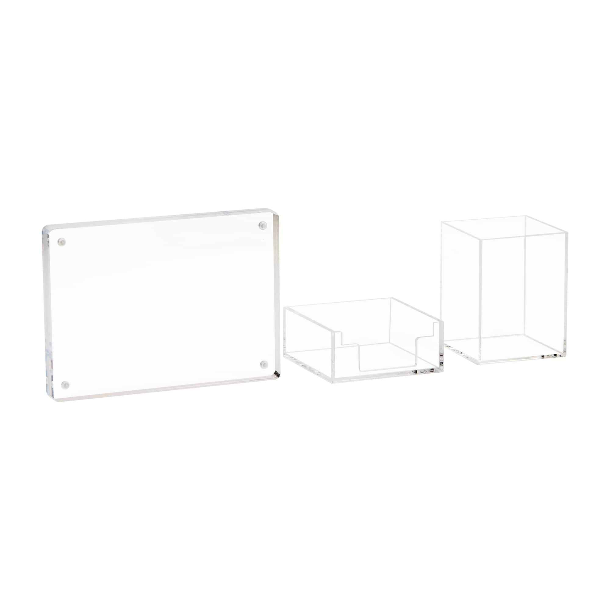 Mind Reader 3-Piece Desk Organizer Set, Pen Holder, Photo Frame and Sticky Note Tray, Acrylic, Clear